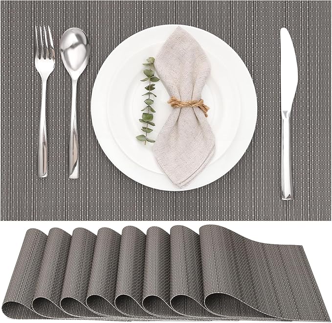 Myir JUN Placemats Set of 8, Vinyl Woven Placemats Place Mats Indoor Set of 8 Washable Table Mats Non-Slip Place mats for Dining Table (Dark Gray, Set of 8)