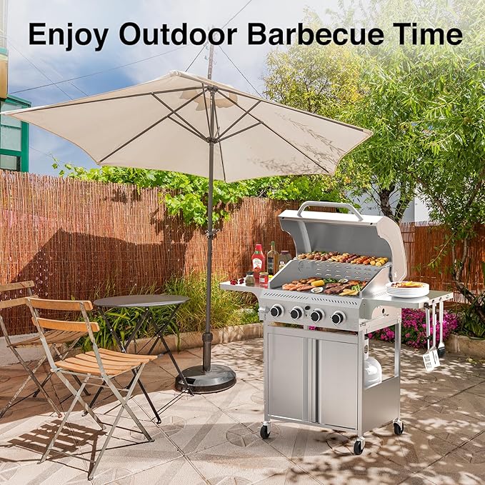4-Burner Propane Gas Grill with 304 Stainless Steel Cooking Grid, Hanging Hooks/Heat-Resistant Handle, 32000BTU Stainless Steel Outdoor BBQ Grill with Portable Wheels for Camping/Patio/Backyard