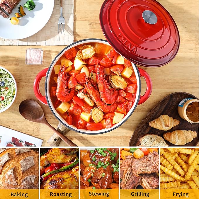 Velaze 7.5 QT Dutch Oven Pot with Lid, Enameled Cast Iron Dutch Oven with Dual Handles for Sourdough Bread Baking, Cooking, Non-stick Enamel Coated Cookware (RED)