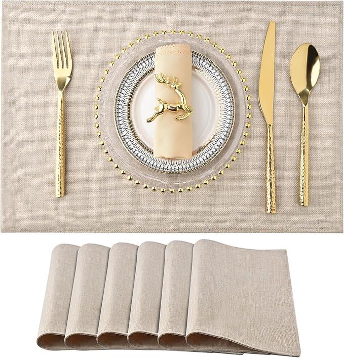 Cloth Placemats Set of 6 - Easy to Clean Fabric Table Placemats - Machine Washable Placemats- Heat Resistant Non-Slip Table Mats (Light Linen, 6)