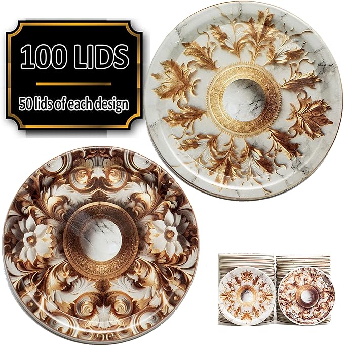 Supa Ant Canning Lids Regular Mouth (100pcs) Decorative Tin Canning Lids Regular Mouth (Marble & Gold) Buckle Proof and Rust Proof - Perfect Fit Can Lid for Mason Jars Canning Supplies