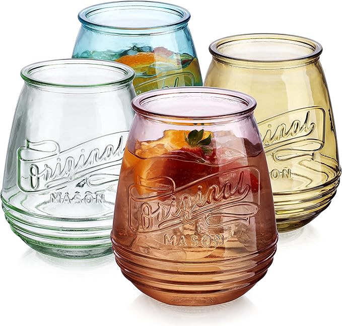 Wine Glasses Set Of 4 Assorted Colored Stemless Glasses 21 OZ. Original Mason Large Wine Cup, Red and White Wine Drinking Water Glasses. Juice, Cocktails, Smoothies, Vintage Bar