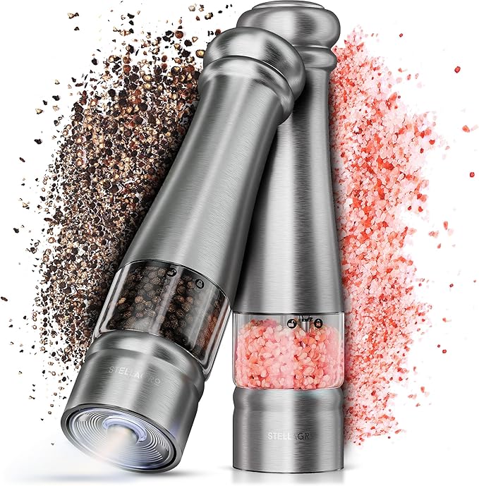 Premium Electric Salt and Pepper Grinder Set - Stainless Steel Battery Salt and Pepper Grinder Set with Adjustable Coarseness & Warm White Light - Automatic Spice Mill Shakers