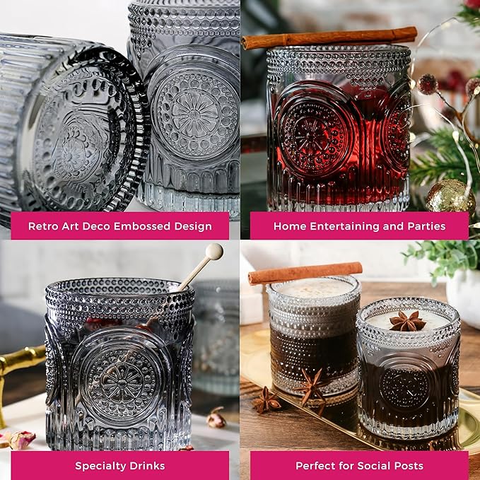 Kate Aspen Ribbed Retro Arch Floral Smoke Grey Drinking Glasses Set of 6, (10 oz) Vintage Glassware Set Cocktail Glass Set, Juice Glass, Water Cups | Hostess Gift & Present for New Home Owners