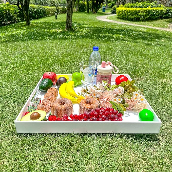 White Rectangular 18x20 Inches Acrylic Ottoman Tray Decorative Serving Tray with Cutout Handles Organizer Tray on Coffee Table Countertop Big Breakfast Bed Tray Living Room Appetizer Serving Food