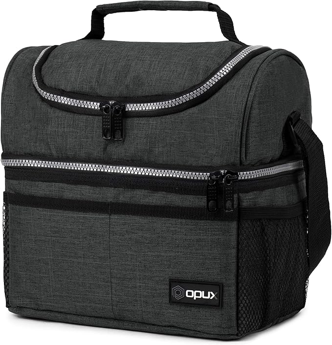 OPUX Lunch Box For Men Women, Insulated Large Double Decker Lunch Bag, Charcoal Gray, 10x7.5x10 Inches