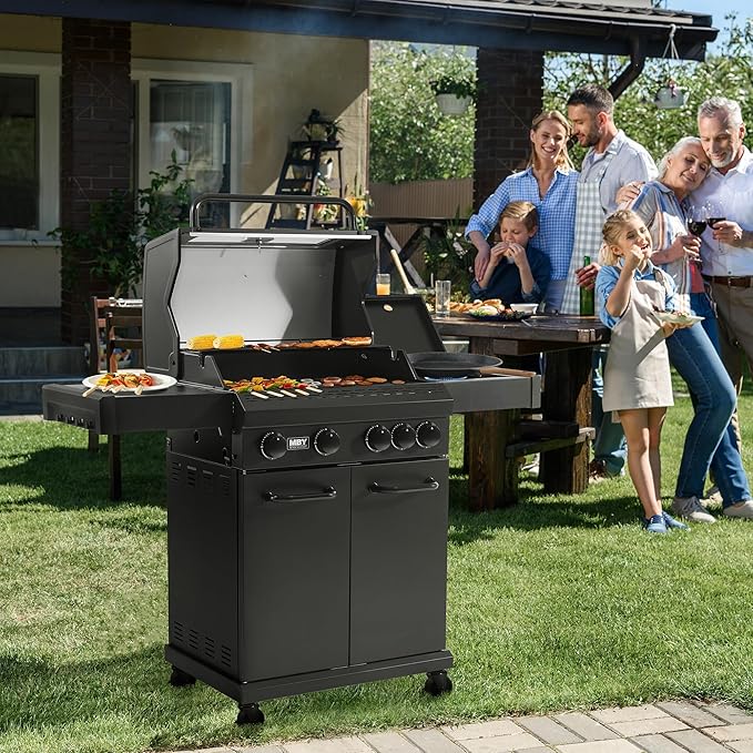 4-Burner Propane Gas Grill, 50,000 BTU Heavy Duty Outdoor BBQ Grill with Side Burner, Cast Iron Cooking Grates & Griddle for Backyard Barbecue
