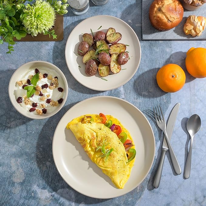 Gibson Home Rockaway 12-Piece Round Stoneware Dinnerware Set, Service for 4 – Cream Plates and Bowls, Modern Matte Finish, Microwave & Dishwasher Safe