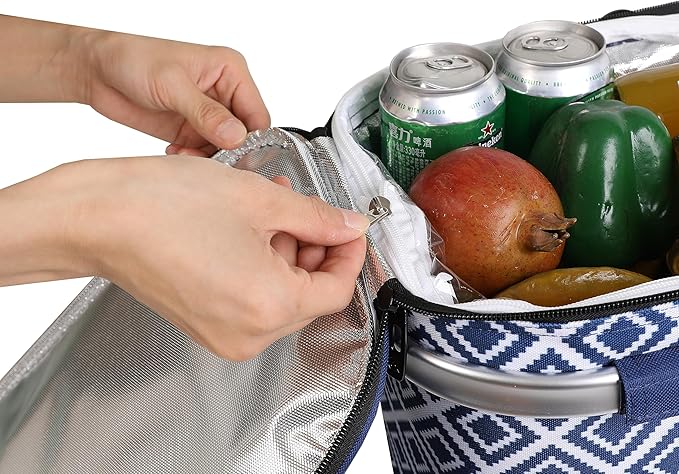 ALLCAMP Insulated Cooler Bag Portable Collapsible Picnic Basket Cooler with Sewn in Frame (Medium Rectangle Blue White)