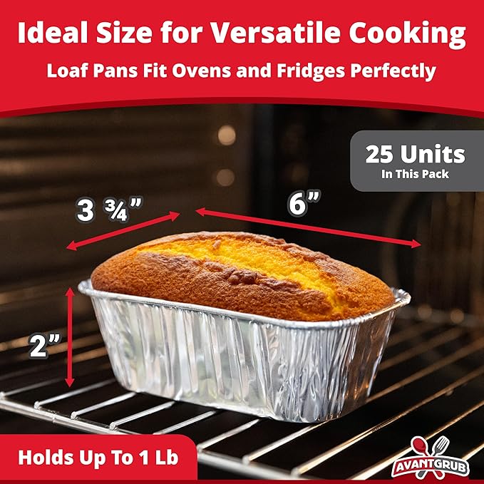 Chef Grade Extra-Thick 6 x 3.75in 1Lb Foil Loaf Pans 25 Pk. Best Disposable Bakeable Aluminum Tin Pan for Baking Bread, Small Meatloaf or Lemon Bundt Cake for Holiday Gifts, Bake Sales or Fundraisers.