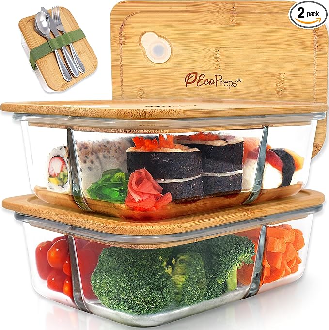 Large Glass Bento Box Containers with Bamboo Lids, 3 Compartment Glass Meal Prep Container Set (2 Pack, XL) - 100% Plastic Free, Eco-Friendly Lunch Containers, Bento Boxes for Adults