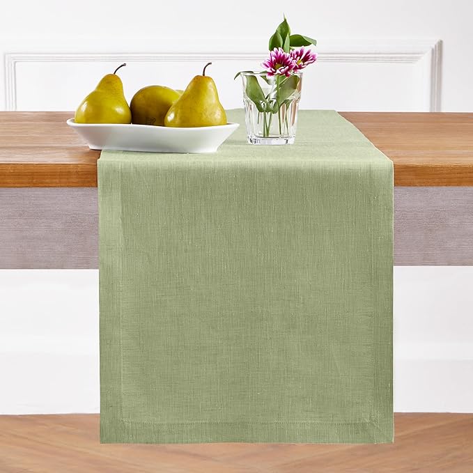 Solino Home Linen Small Table Runner 48 Inches - Athena, 100% Pure Linen Chambray Olive Table Runner 14 x 48 Inch Ideal for Dresser and Coffee Tables - Summer, Fall, Autumn, Halloween