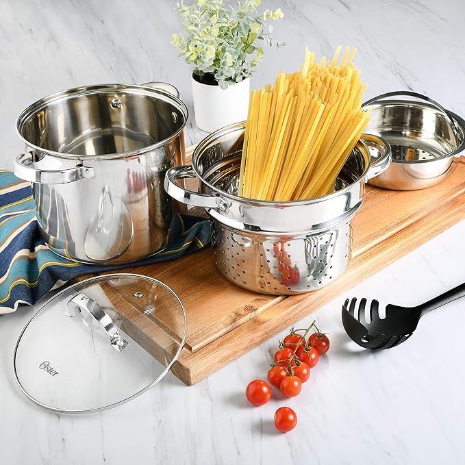 Oster Sangerfield 5-Quart Stainless Steel Pasta Pot Set with Steamer Basket and Lid – Durable Kitchen Cookware for Boiling and Steaming