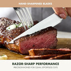 GreenPan Elite 8 Piece Steak Knife Set, Professional Stainless Steel Blades with Titanium Coating, Ultra-Sharp Dining Knives, Kitchen Cutlery, Ergonomic Wood Handles, Wooden Storage Box