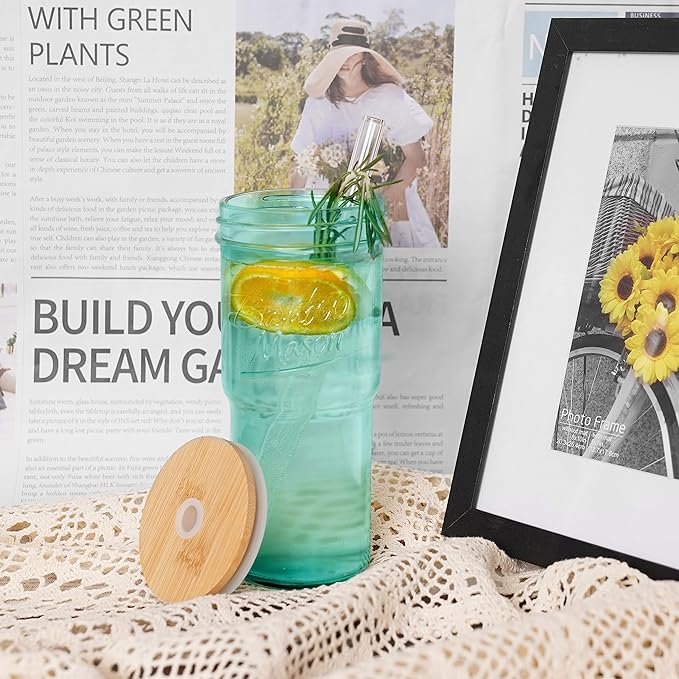 ANOTION Colored Glass Cups with Lids and Straws - 24oz Travel Coffee Mug Wide Mouth Mason Jar Iced Coffee Cup Smoothie Cup Glass Tumbler Tea Cup Clear Cute Water Cups Colorful Drinking Glasses