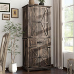 DWVO 72" Tall Farmhouse Pantry Cabinet, Kitchen Storage Pantry with Barn Doors & Drawer, Versatile Organizer with Adjustable Shelves, Rustic Cupboard for Dining Room, Living Room, Dark Rustic Oak