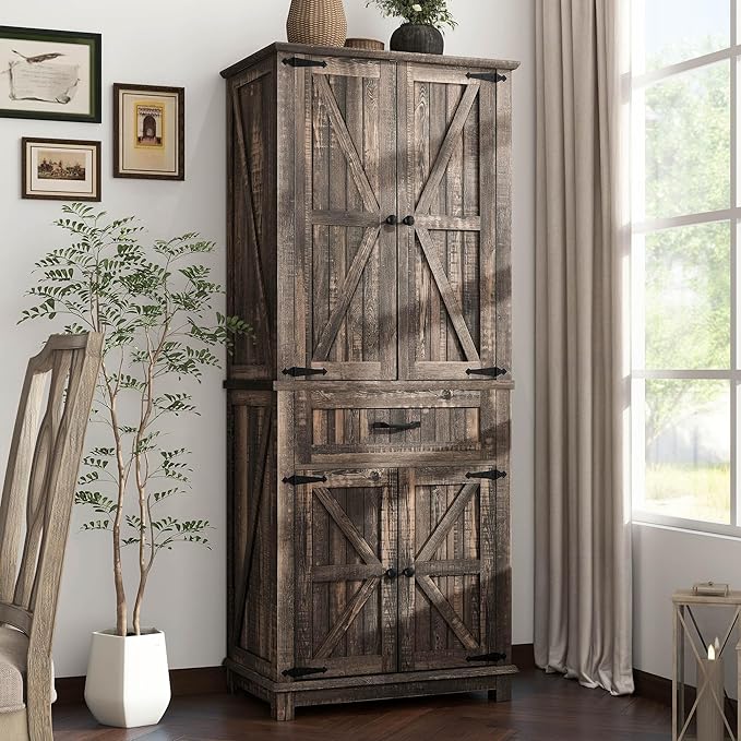 DWVO 72" Tall Farmhouse Pantry Cabinet, Kitchen Storage Pantry with Barn Doors & Drawer, Versatile Organizer with Adjustable Shelves, Rustic Cupboard for Dining Room, Living Room, Dark Rustic Oak