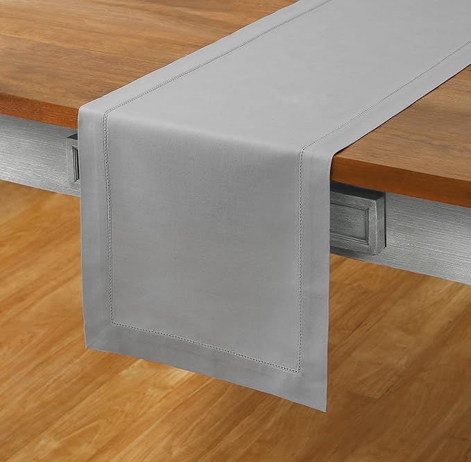 Solino Home Light Grey Table Runner 60 Inches - Cotton Linen Hemstitch Coffee Table Runner 14 x 60 Inch Ideal for Dresser Tables - Summer, Fall, Autumn, Halloween