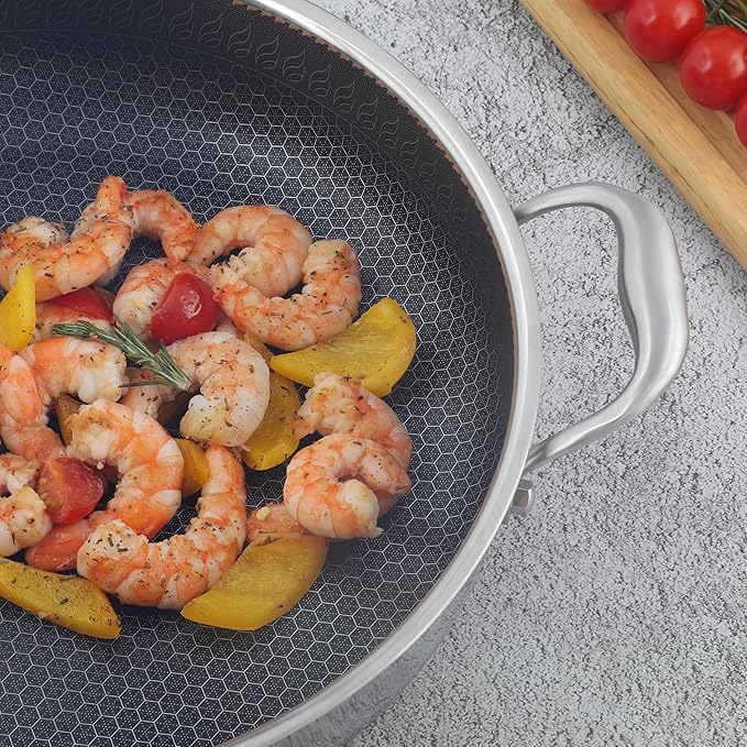 316L Stainless Steel 8QT Frying Pan Hex Nonstick Wok with Lid, Two Handle to Hold, PFOA Free, Dishwasher Oven Safe (8QT)