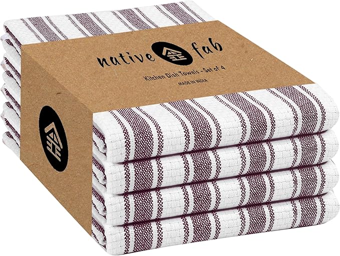 Native Fab Cotton Kitchen Towels - 16x26 inches - Set of 4 - Basket Weave Stripe Dish Towels for Cleaning, Drying Dishes, Absorbent Dish Cloths Set with Hanging Loop - Burgundy Maroon