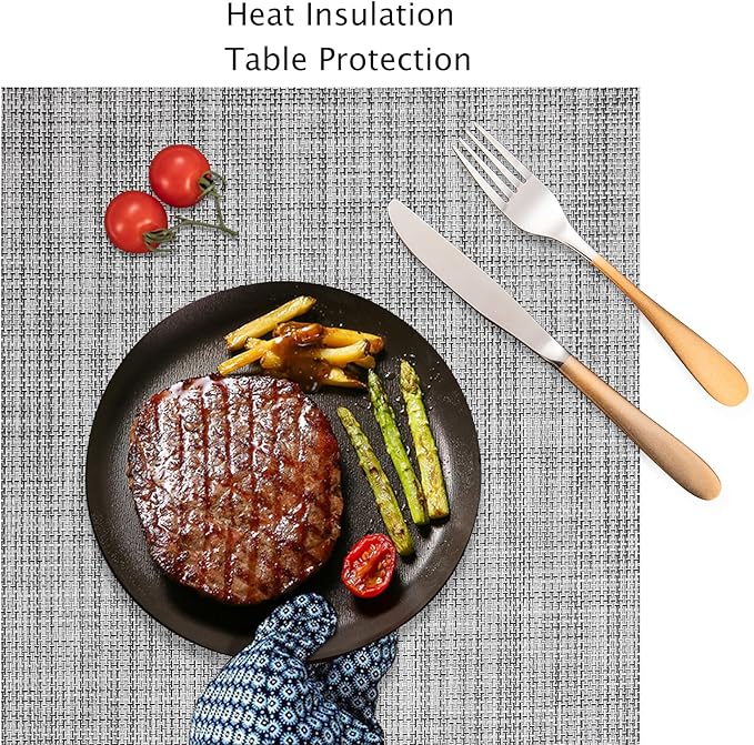 Myir JUN Placemats Set of 6, Vinyl Woven Placemats Place Mats Indoor Washable Table Mats Non-Slip Place mats for Dining Table (Light Gray, Set of 6)