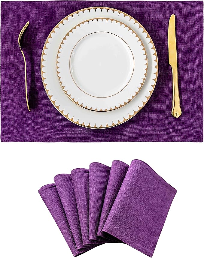 Home Brilliant Placemats Set of 6 Heat Resistant Dining Table Place Mats for Kitchen Table, 13 x 19 inches, Purple
