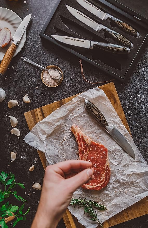 Schmidt Brothers -Bonded Ash 4-Piece Jumbo Steak Knife Set, High-Carbon German Stainless Steel Cutlery in a Wood Gift Box