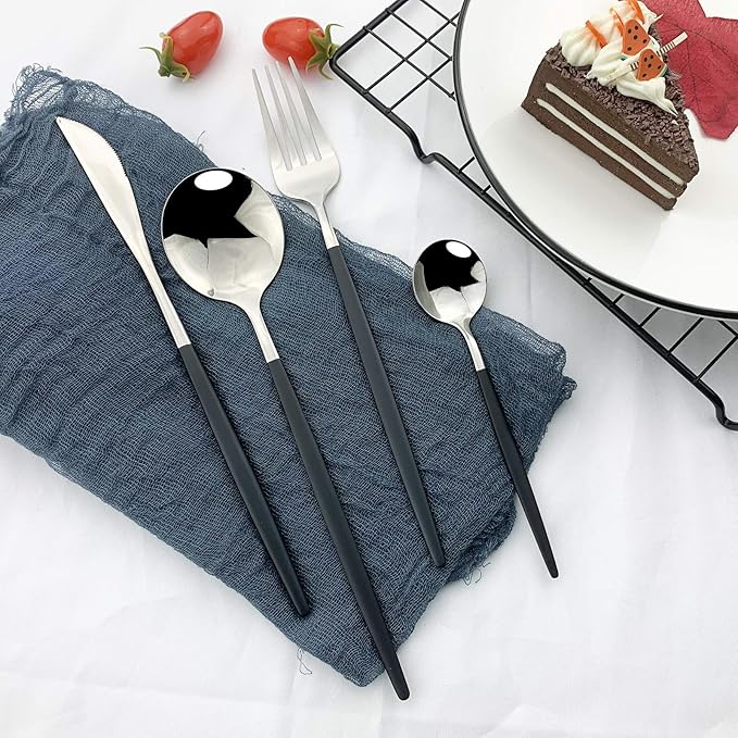 JASHII Flatware Serving Set 24 Piece, Stainless Steel Silverware Set, Titanium Black Silver Cutlery Set, Modern Elegant Tableware Set for Party, Christmas, Dinner (Black Silver)