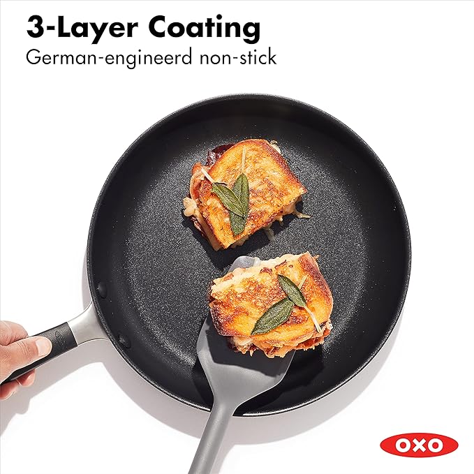 OXO Good Grips 9.5" Frying Pan Skillet, 3-Layered German Engineered Nonstick Coating, Stainless Steel Handle with Nonslip Silicone, Induction Suitable, Black