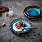 Ceramic Dinner Plates Set of 4, 8 Inch Large Porcelain Pasta and Salad Plates, Stoneware Plate Set for 4, Handmade Round Dishes for Home Decor, Microwave,Oven,and Dishwasher Safe, Blue