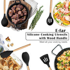 E-far Silicone Cooking Utensils Set, 5-Piece Black Kitchen Utensils Set with Wooden Handle for Cooking, Silicone Kitchen Nonstick Tools Spatula Turner Slotted Spoons, Nontoxic & Heat Resistant-Black