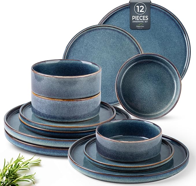 AmorArc Ceramic Dinnerware Sets, Handmade Reactive Glaze Stoneware Plates and Bowls Sets,Highly Chip and Crack Resistant | Dishwasher & Microwave Safe Dishes Set, Service for 4 (12pc)