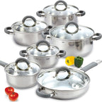 Cook N Home Kitchen Cookware Set, 12-Piece Basics Stainless Steel Pots and Pans Set with Gray Silicone Handle, Silver