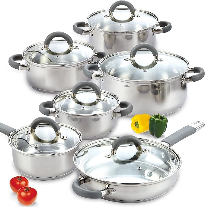 Cook N Home Kitchen Cookware Set, 12-Piece Basics Stainless Steel Pots and Pans Set with Gray Silicone Handle, Silver