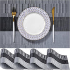 LEXMORE PVC Woven Placemats 4 PCS Wipeable Indoor/Outdoor Table Mats Washable Vinyl Place Mats for Dining Table, Set of 4-Silver Gray Black