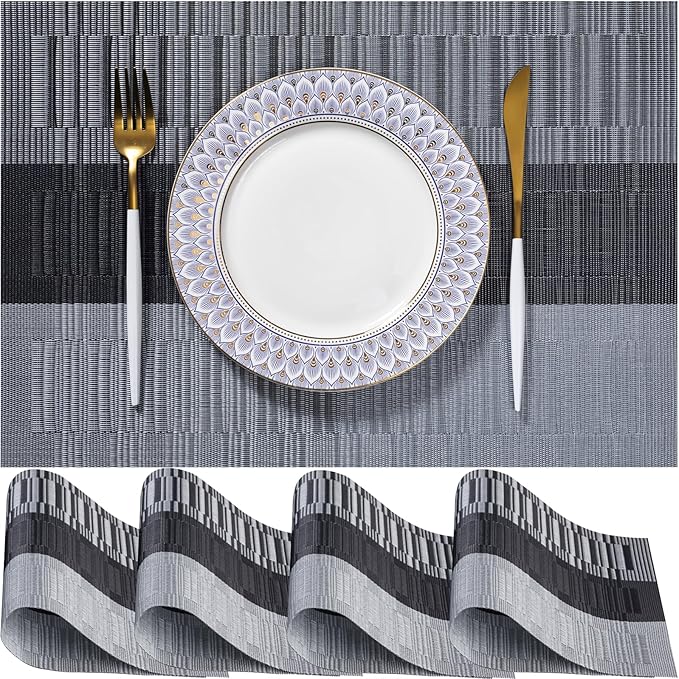 LEXMORE PVC Woven Placemats 4 PCS Wipeable Indoor/Outdoor Table Mats Washable Vinyl Place Mats for Dining Table, Set of 4-Silver Gray Black