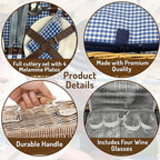 Nature Gear Picnic Basket, Wicker Basket with Handle for Outdoors, Insulated Woven Basket, Includes a Service Kit of Dinnerware & Wine Glasses, Picnic Basket Set for 4 with Blanket, Blue & White