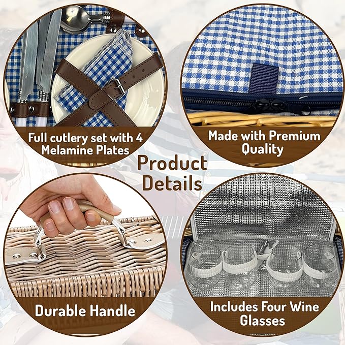 Nature Gear Picnic Basket, Wicker Basket with Handle for Outdoors, Insulated Woven Basket, Includes a Service Kit of Dinnerware & Wine Glasses, Picnic Basket Set for 4 with Blanket, Blue & White