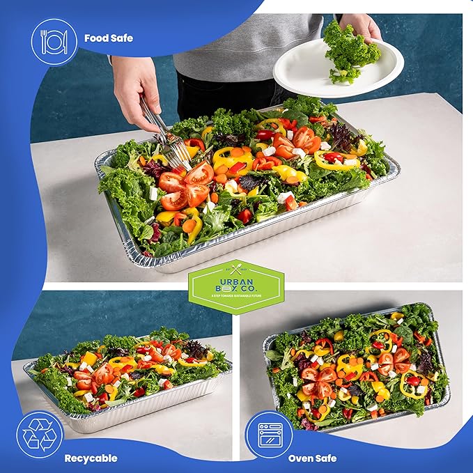 Urban Box Co. Full Size Deep Aluminum Pans - 21x13 inch Steam Table Chafing Pan: Extra Heavy Duty, Disposable Foil Tray for Restaurant. Ideal for Roasting, Cooking, Storing Food (10, No Lid)