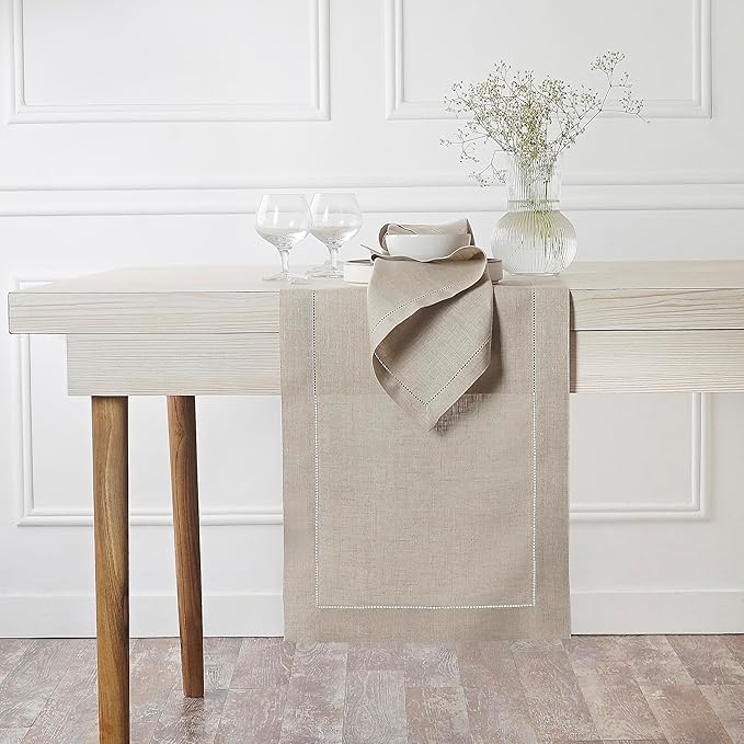 D'Moksha Homes Linen Natural Table Runner 120 Inches Long - 100% Pure Linen Hemstitch 14 x 120 Inch Table Runner for Dining, Summer, Fall and Halloween - Classic Hemstitch