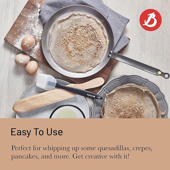 De Buyer MINERAL B Carbon Steel Crepe & Tortilla Pan - 9.5” Diameter, 8.3” Cooking Surface - Ideal for Making & Reheating Crepes, Tortillas & Pancakes - PFAS, PFOA & PFOS Free - Made in France
