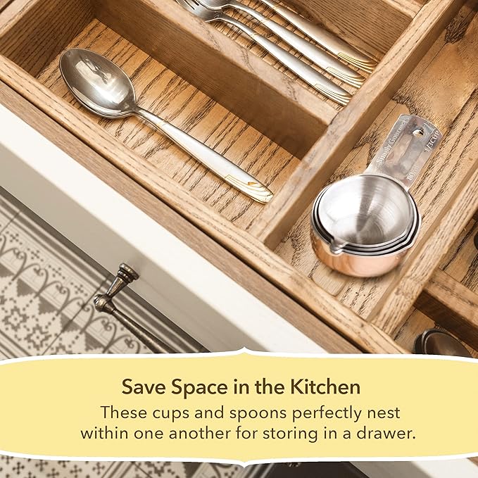 Measuring Cups and Spoons Set of 15, Stackable Cups, Long Handle with Leveler Fits Narrow Jars, 304 Premium Stainless Steel, Kitchen Gadgets for Liquid & Dry Ingredients Cooking Baking