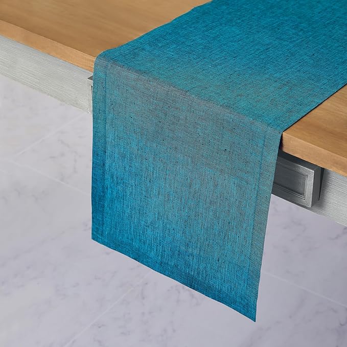 Solino Home Linen Table Runner 72 Inches Long - Athena, 100% Pure Linen Chambray Teal Dining Table Runner 14 x 72 Inch for Fall, Autumn - Handcrafted and Machine Washable