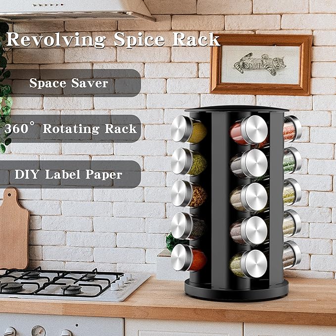 Rotating Spice Rack Organizer for Cabinet, Spice Racks Storage with 20 Jars, Spinning Spice rack for Kitchen Countertop, Spice Holder,Seasoing Storage Racks,Black