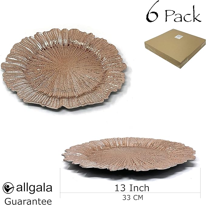 allgala 13-Inch 6-Pack Heavy Quality Round Charger Plates-Reed Rose Gold-HD80333