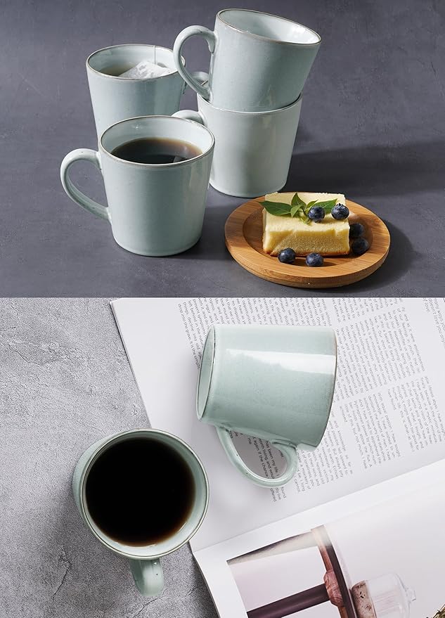 famiware Coffee Mug Set of 4, Annecy 14 oz Ceramic Reusable Cups Set with Handle, Microwavable and Dishwasherable Stoneware Drinkware Set for Tea, Milk, Water, Grey-blue