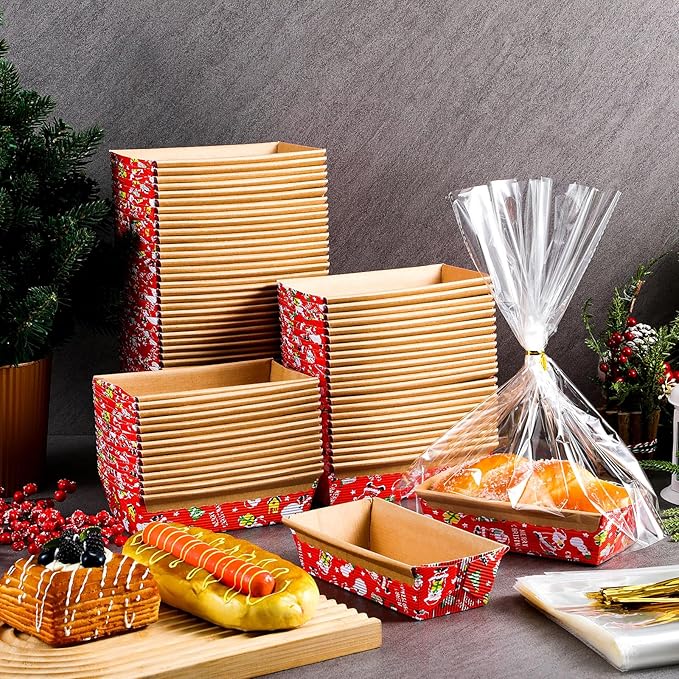 100 Sets Christmas Paper Loaf Pans Mini Disposable Baking Bread Pans with 100 Pcs Clear Bread Bags with Ties Rectangle Loaf Molds for Cake Oven Baker(5.9 x 2.6 x 2 Inches)