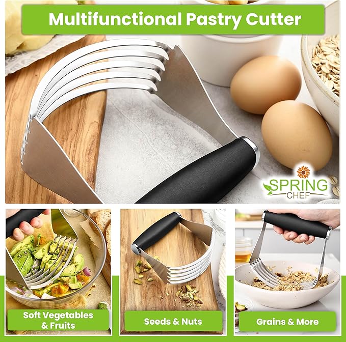 Spring Chef XL Stainless Steel Pastry Cutter Tool for Baking - Heavy Duty Dough Blender - Butter & Dough Cutter Tool with Sharp Blades - Pastry Blender for Easy Mixing - Dishwasher Safe - Black