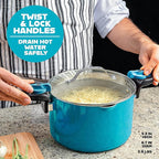 Gotham Steel 5 Quart Stock Pot Ceramic Multipurpose Pasta Pot with Strainer Lid & Twist and Lock Handles, Tempered Glass Lid, Dishwasher Safe, Aqua Blue