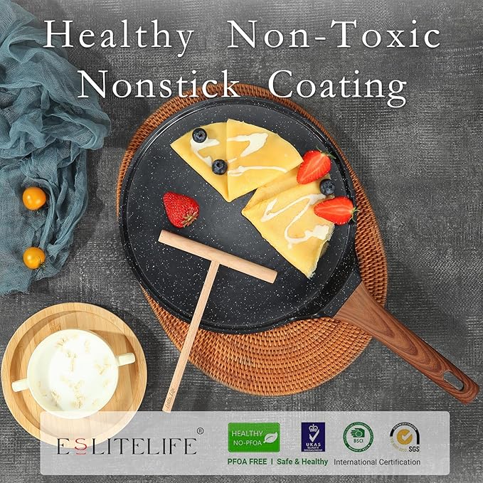 ESLITE LIFE Nonstick Crepe Pan Set with Spreader, 9.5 & 11 Inch Granite Coating Flat Skillet Dosa Tawa Comales Para Tortillas Pancake Pan, PTFE & PFOA Free, Black